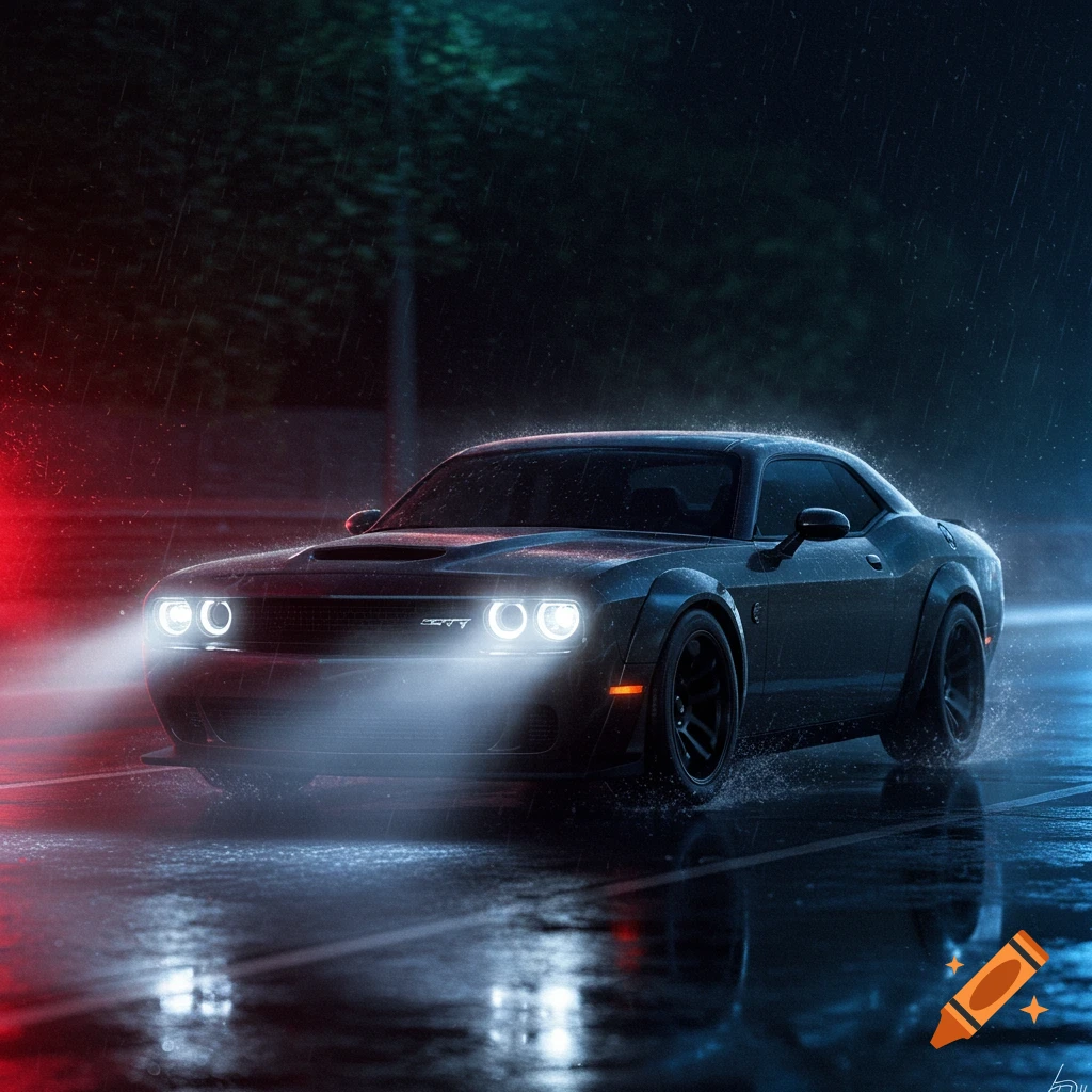 A dark Dodge Challenger driving on a wet street at night in the rain.