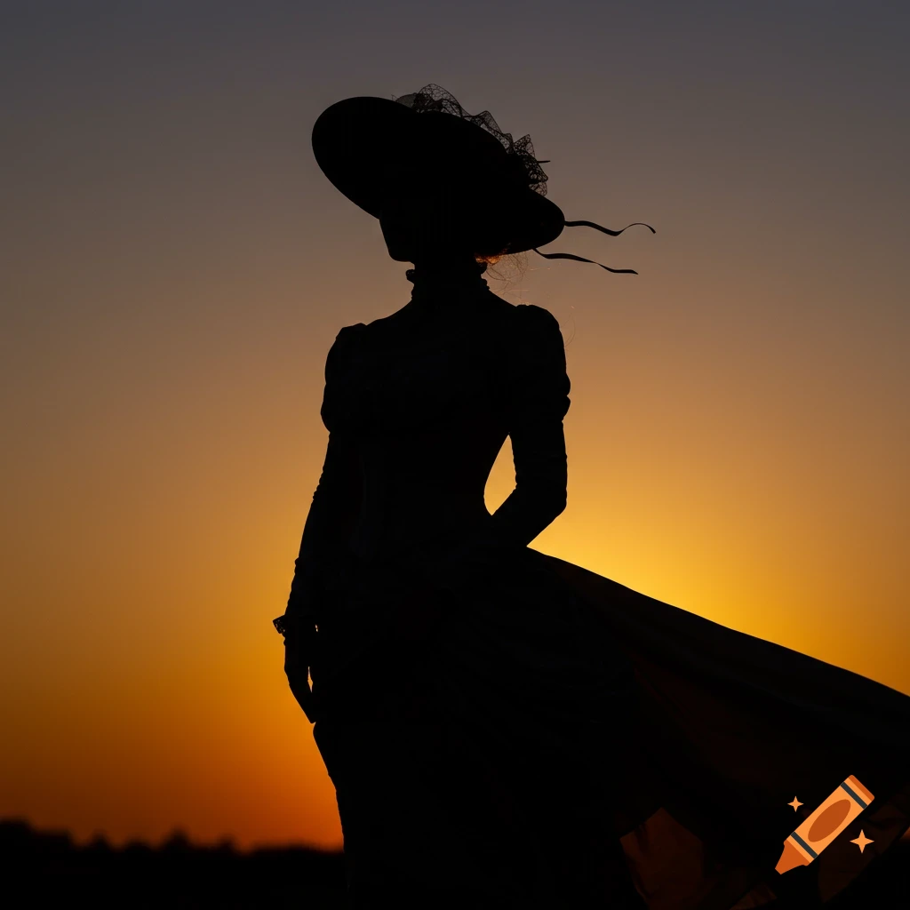 Silhouette of a woman in a victorian hat and dress against a sunset.