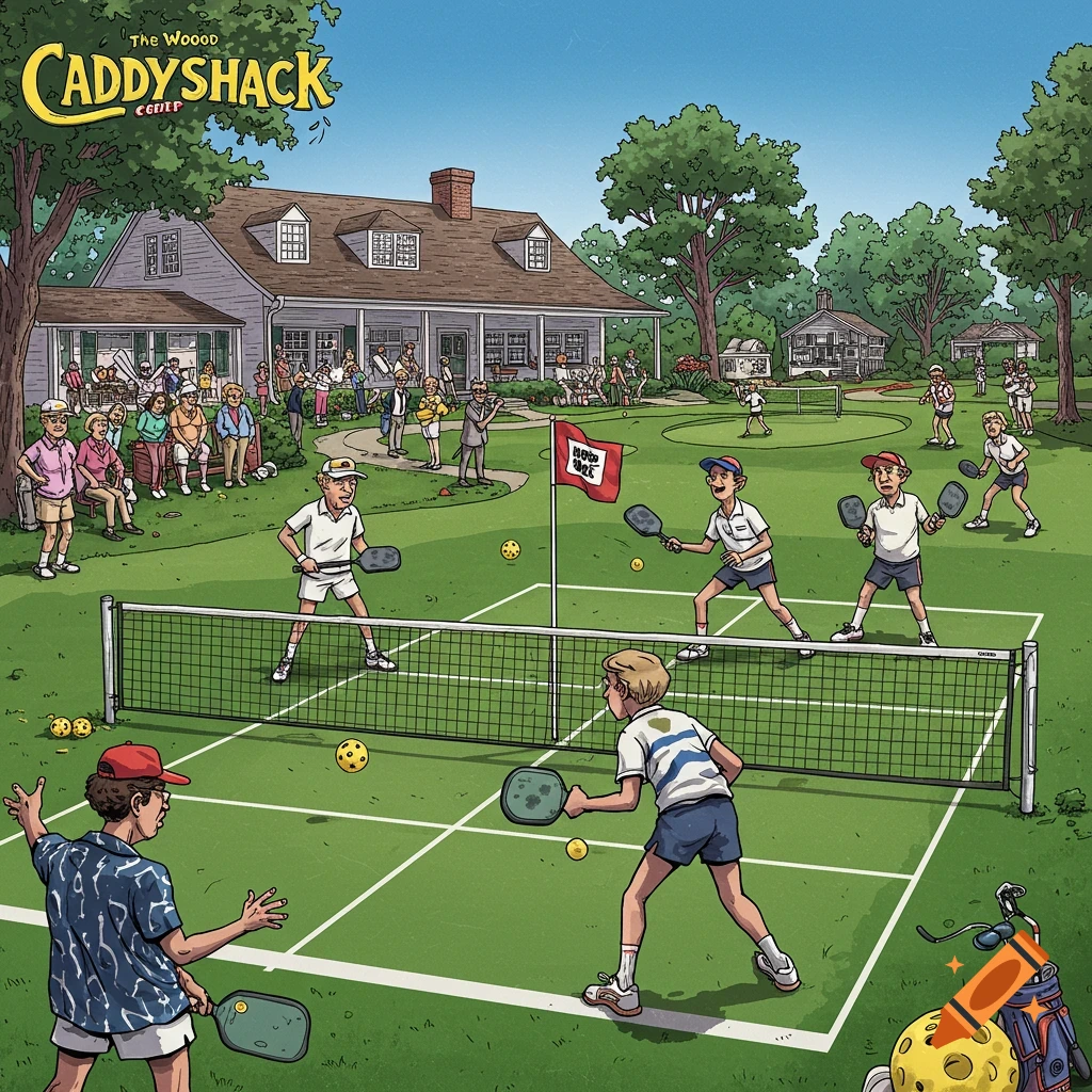 People playing pickleball at a country club, stylized like Caddyshack.