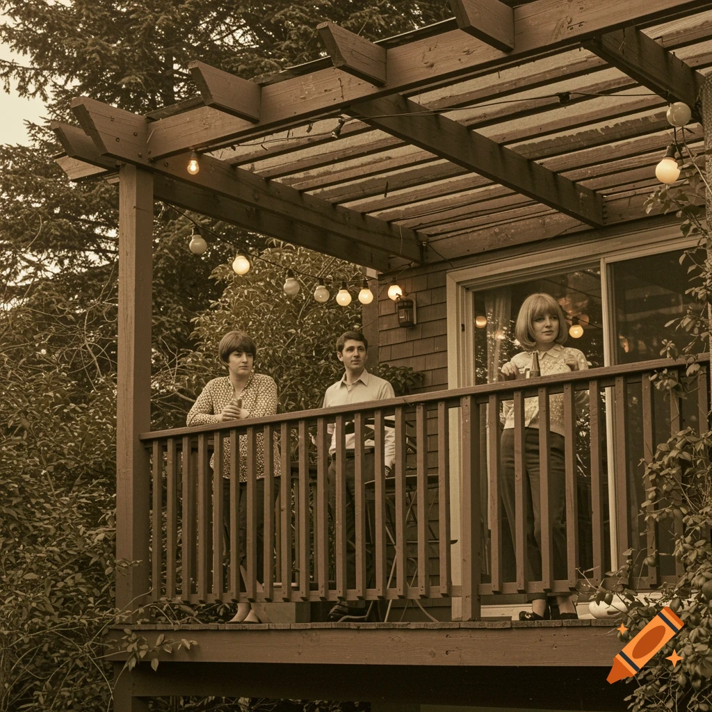 A sepia-toned photo of three people on a balcony with a wooden pergola and string lights, vintage style.