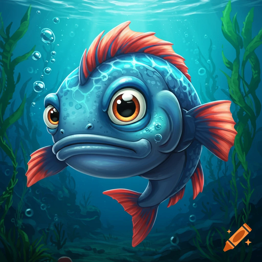 A cartoon fish with big eyes swims underwater