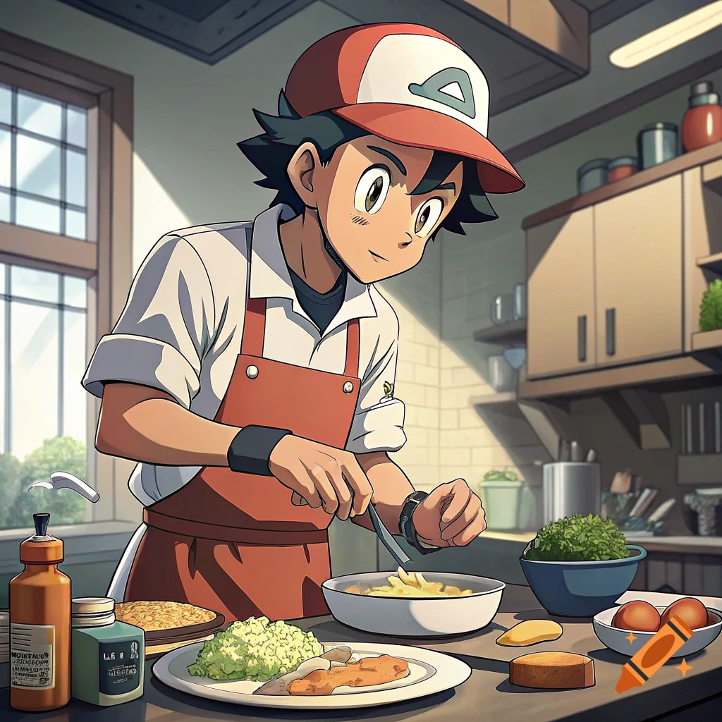 Ash Ketchum cooking in a kitchen in an anime style.