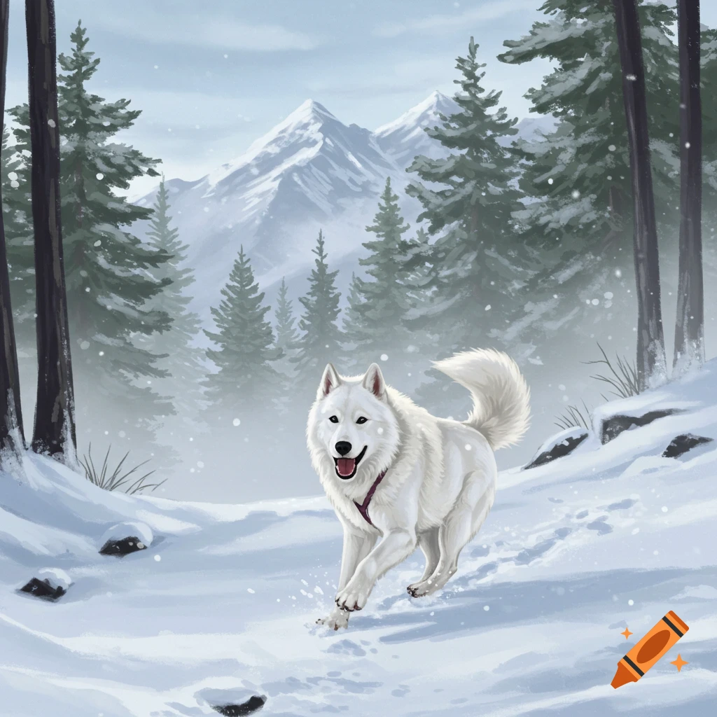 A white dog runs happily through snowy woods with mountains in the background.