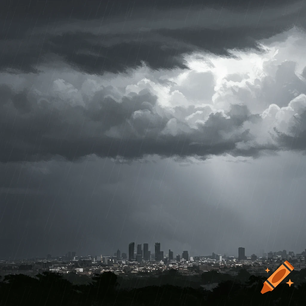 A cityscape under a heavy rain storm.