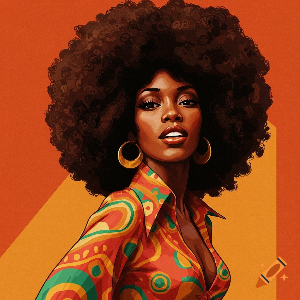 A Black woman with a large afro wears a colorful retro-style patterned shirt.