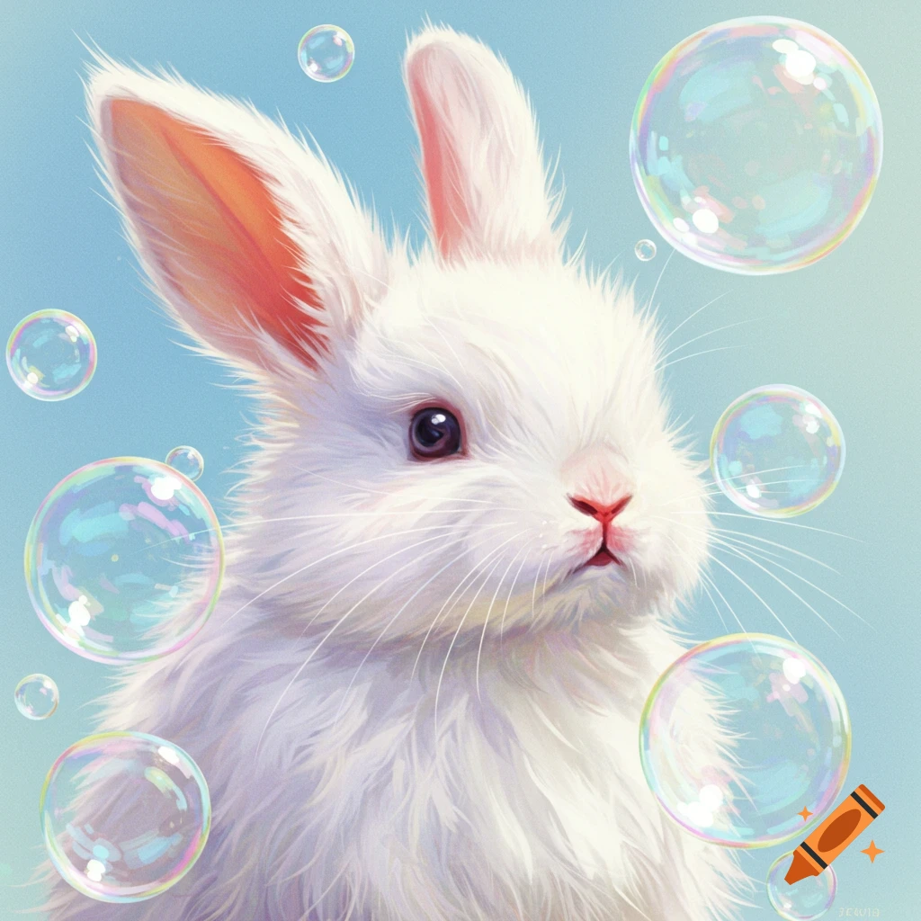 A fluffy white rabbit is surrounded by translucent bubbles against a light blue background.
