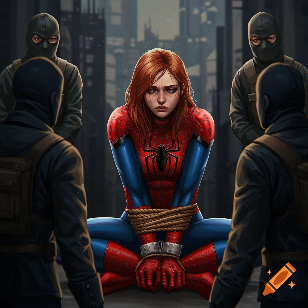A woman in a Spider-Man costume is tied up and surrounded by masked men.