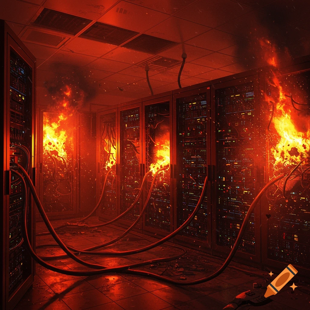 A server room with server racks on fire and smoke filling the air.