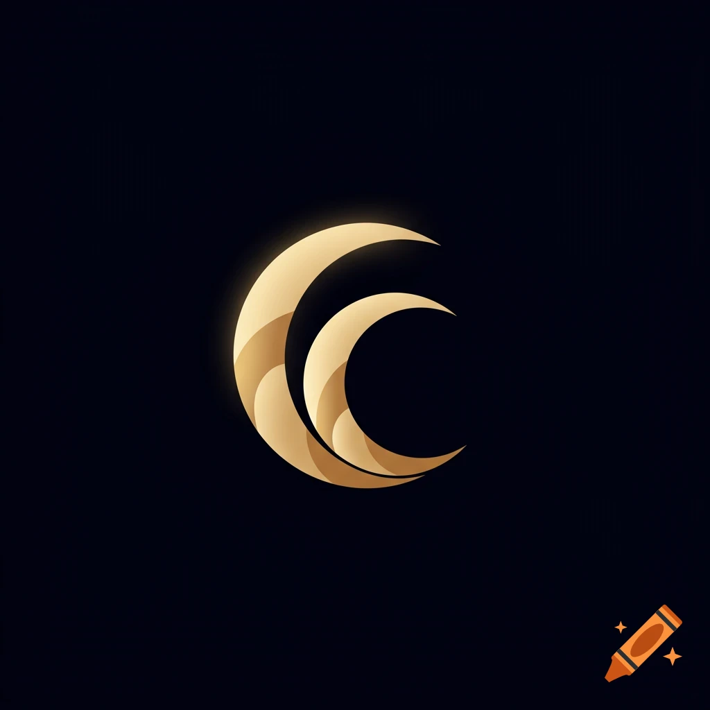 A golden stylized crescent symbol with a soft glow against a dark background.