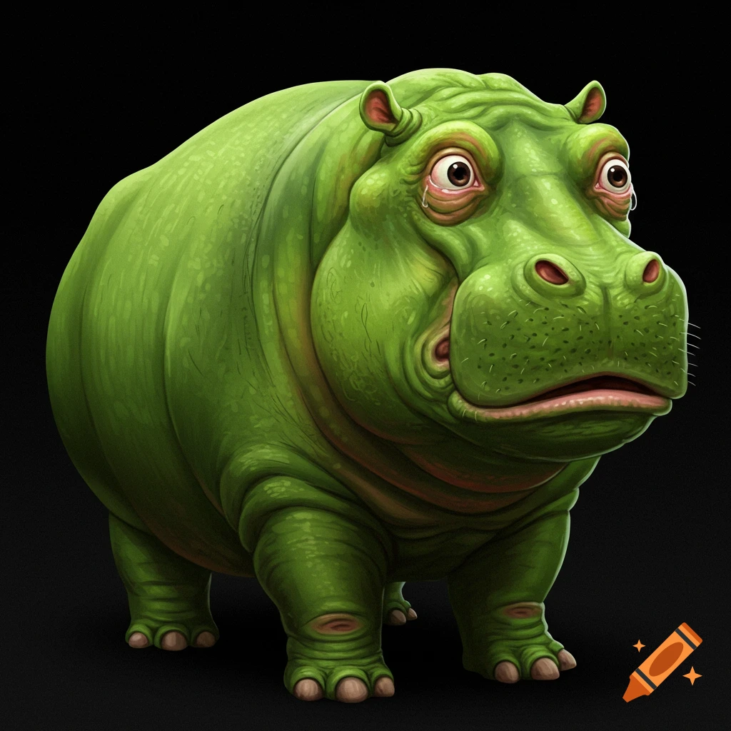 A bright green, fat hippo with large, slightly human eyes, standing on a black background.