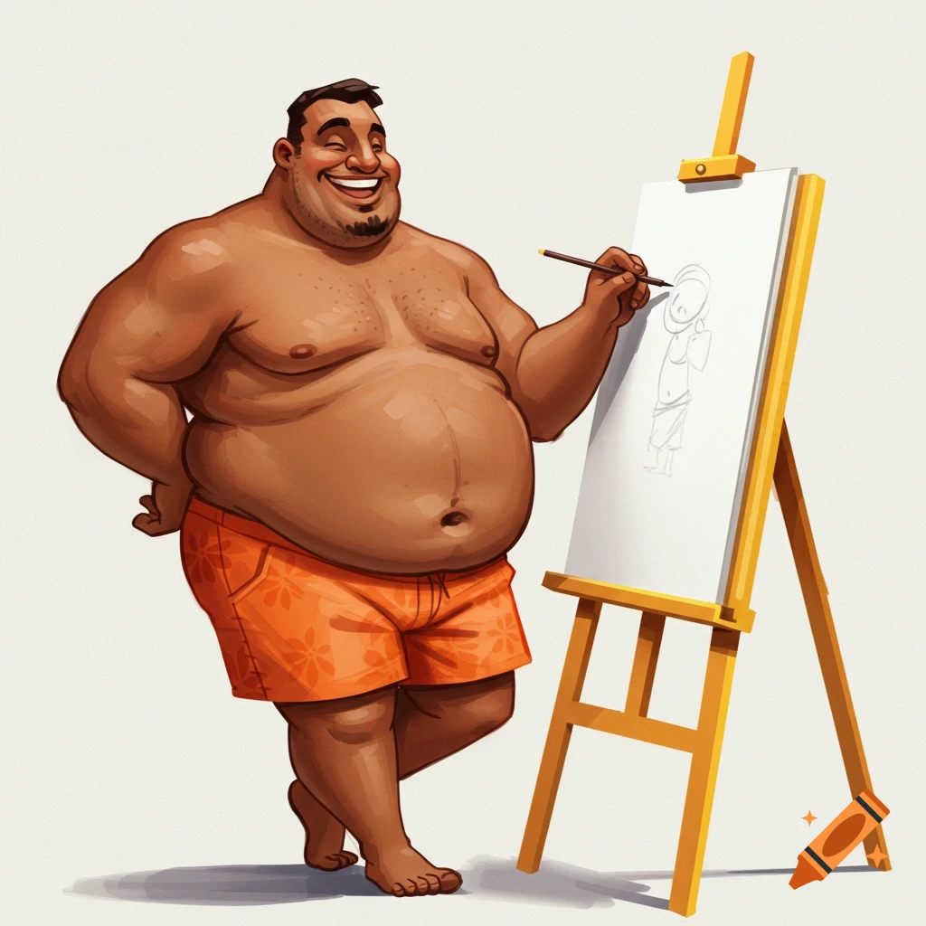 A cheerful, chubby man in orange shorts is drawing on an easel.