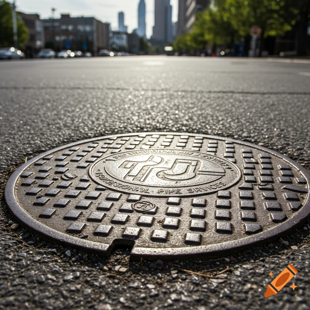 Close-up view of a manhole cover on an asphalt street with blurred buildings in the background.