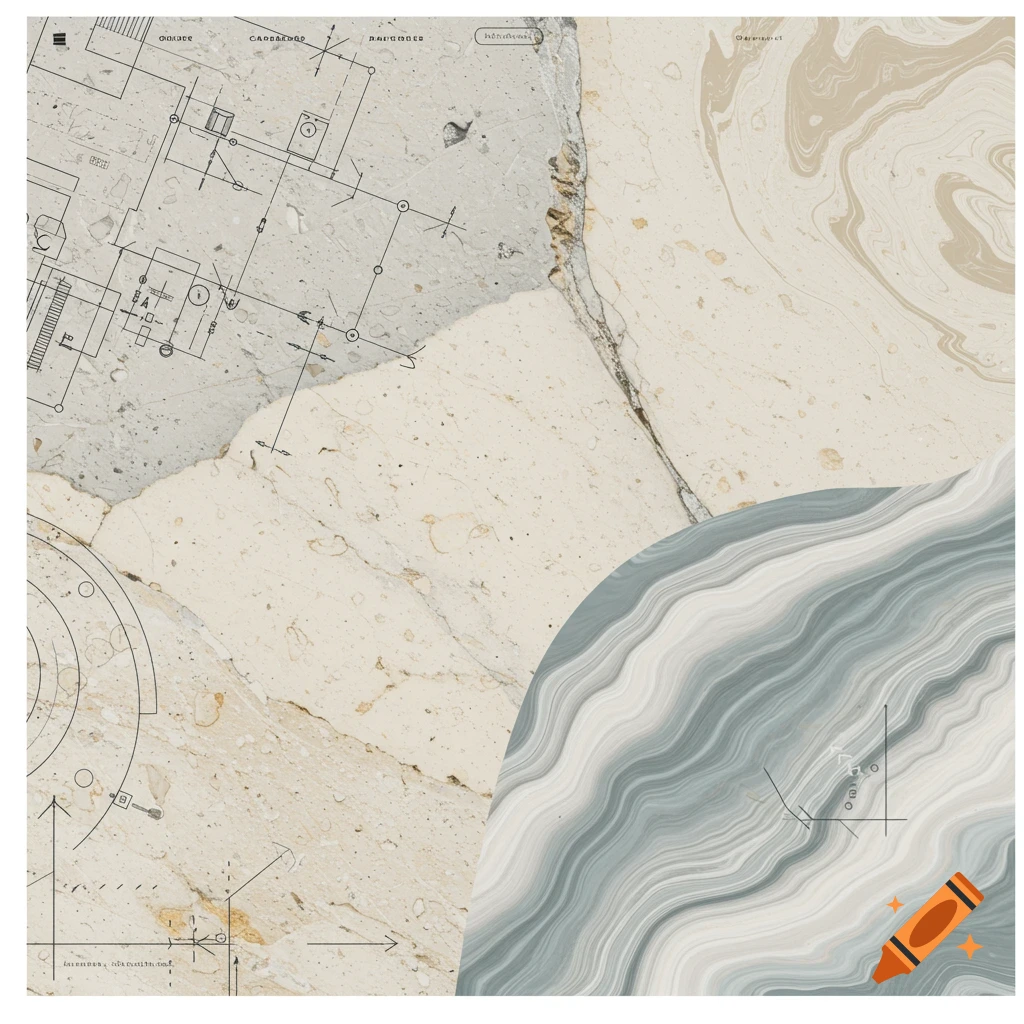 An abstract composition of light-colored stone, marble patterns, and blue architectural blueprint lines.