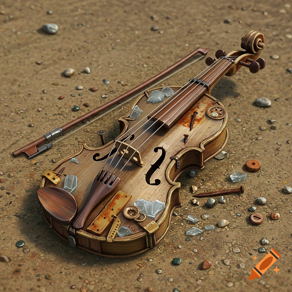 A violin made from junk on the ground, featuring nuts, bolts, and broken glass.