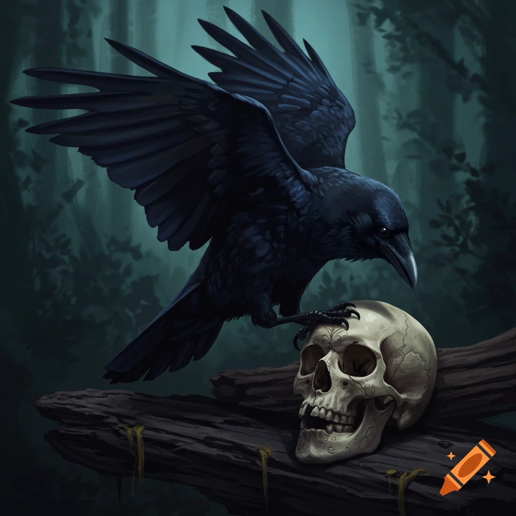 A black crow stands on a skull placed on a log in a dark forest.