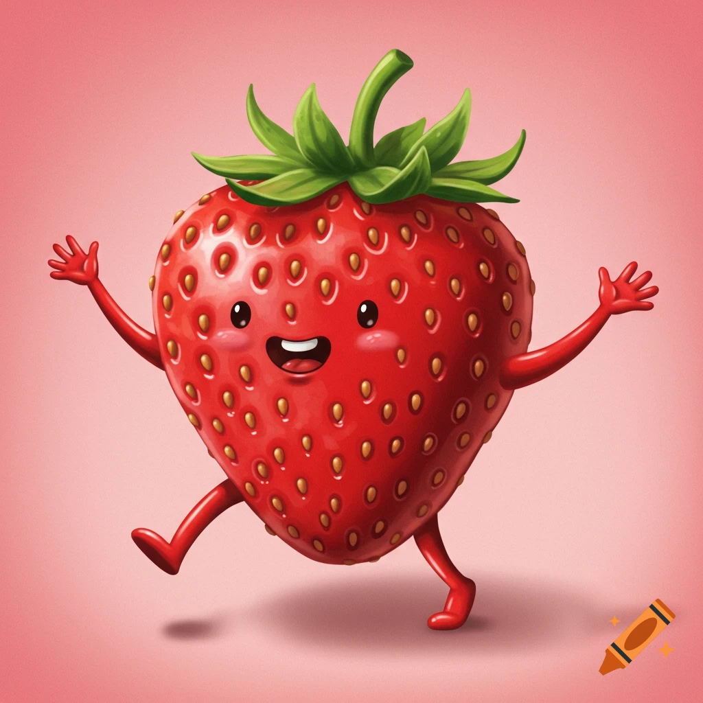 A happy cartoon strawberry character with arms and legs jumps on a pink background.