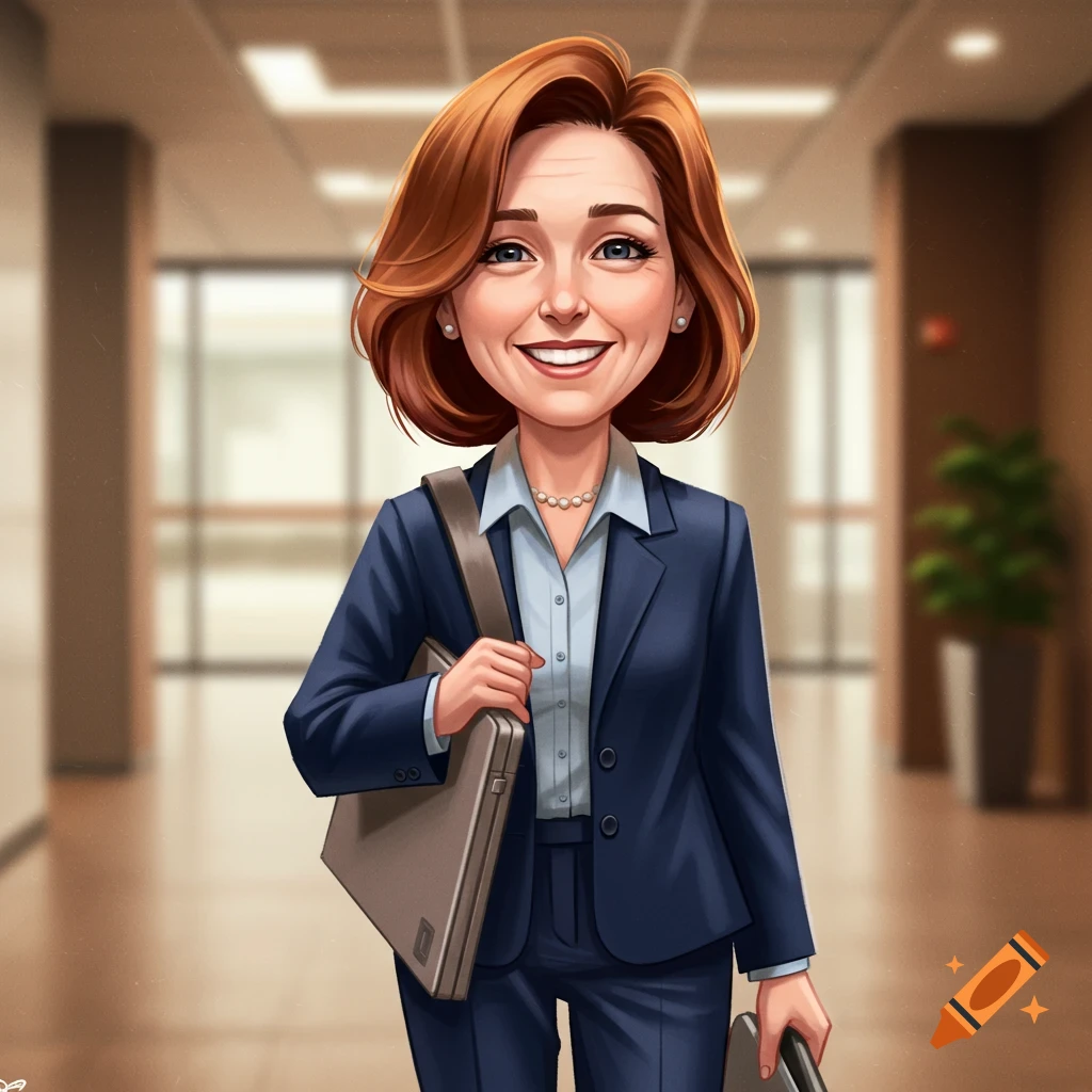 Cartoon portrait of a smiling businesswoman walking in an office hallway with a laptop bag.
