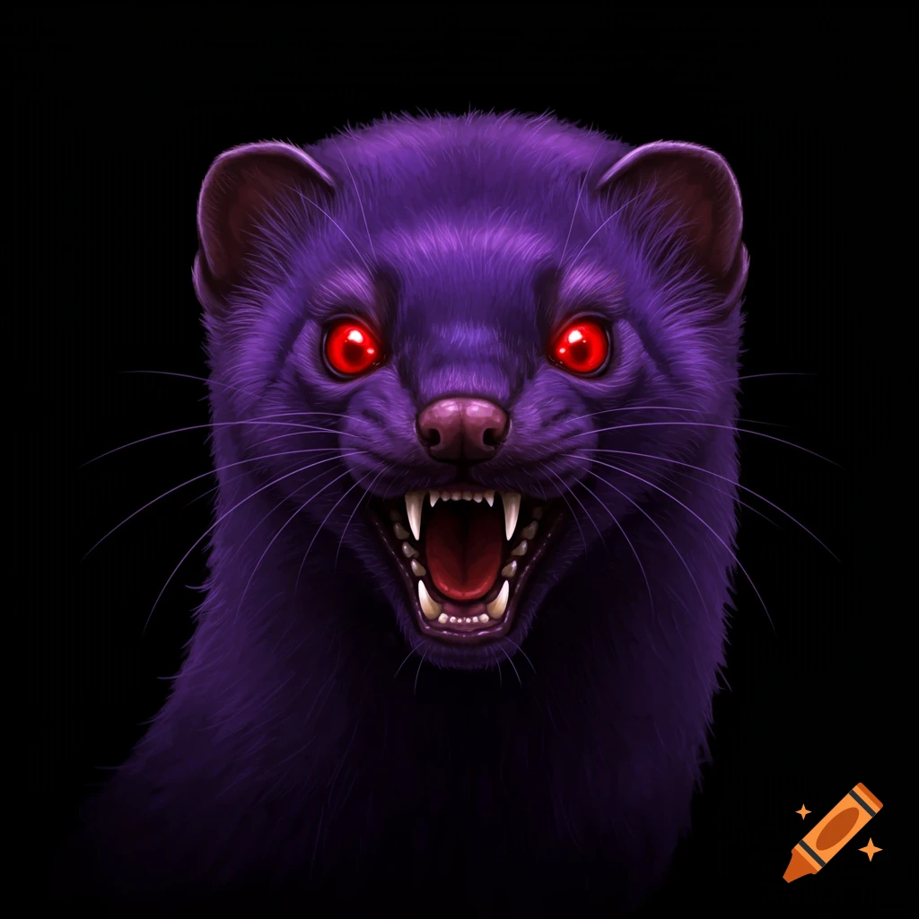 A snarling purple least weasel with glowing red eyes.