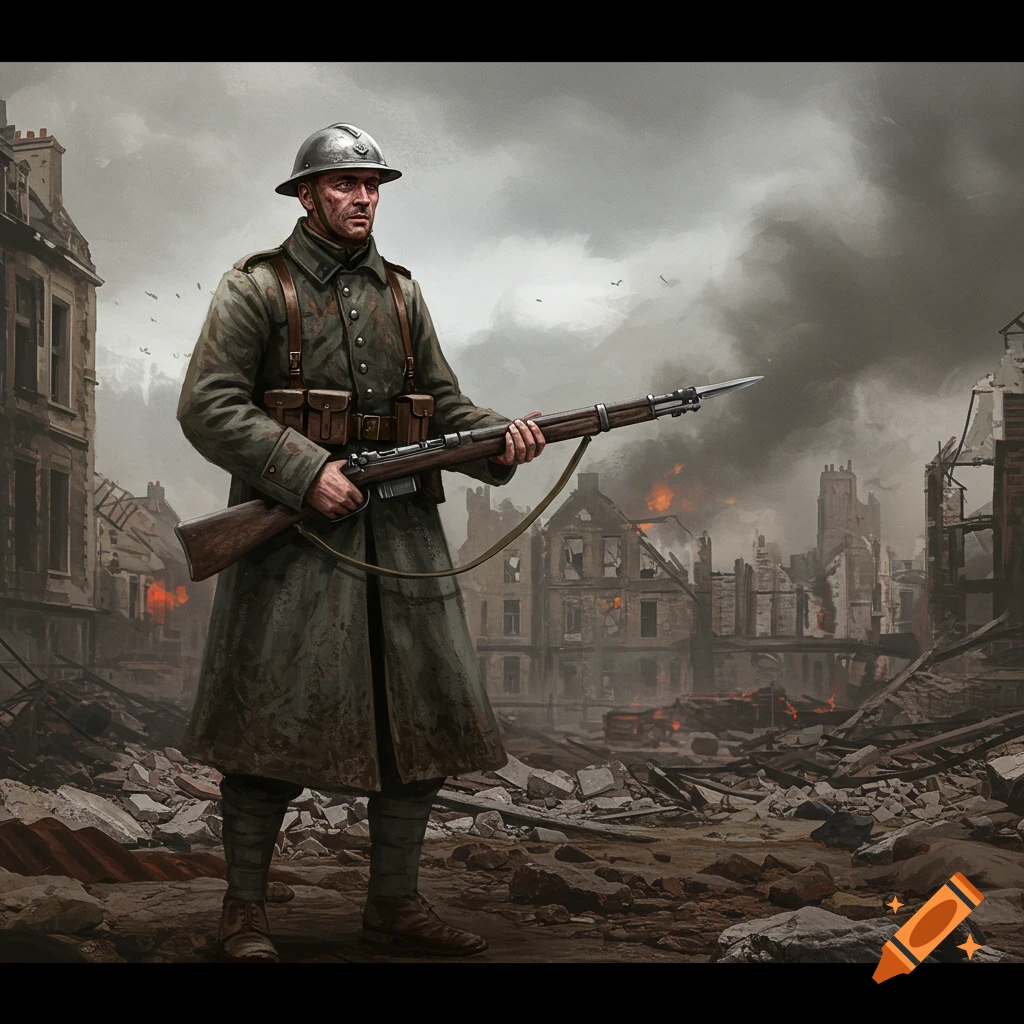 WWI soldier stands in a destroyed city with a rifle.