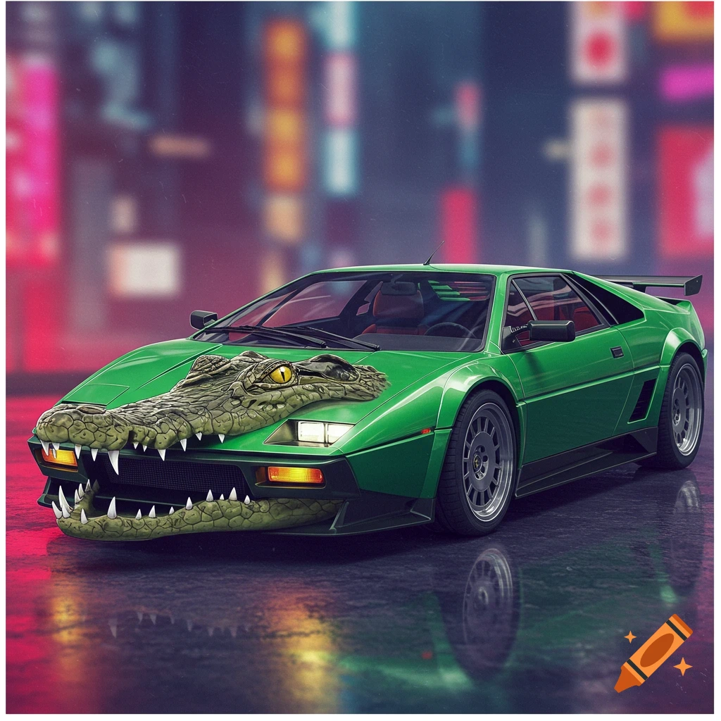 Green sports car with a crocodile head on the hood against a blurry city background, digital art.