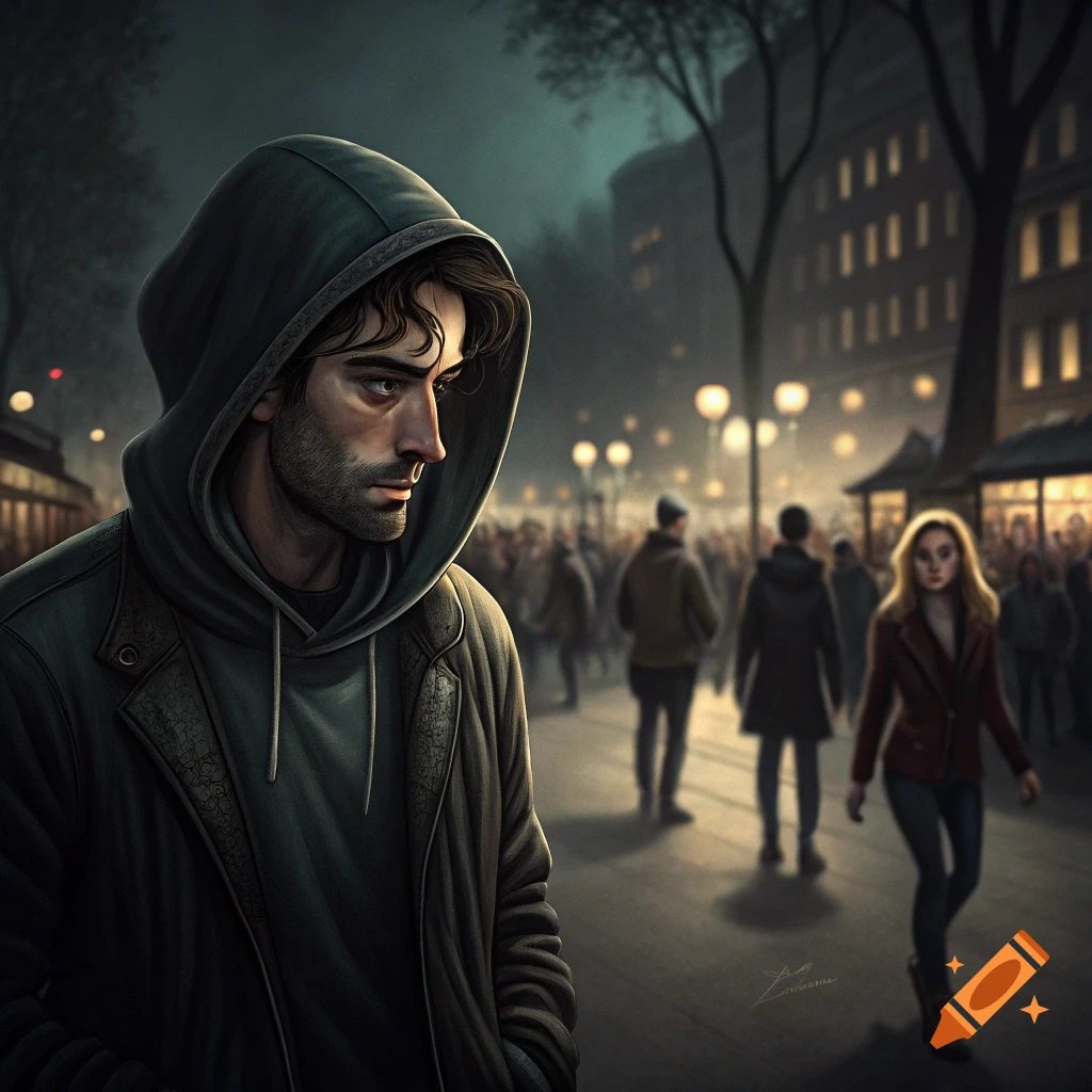 Man in a hoodie looking into a crowded, blurry city street at night.