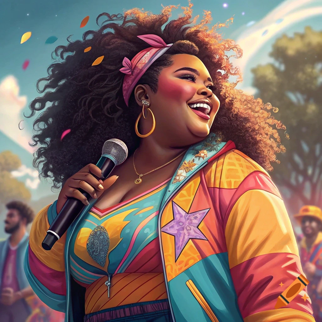 A colorful illustration of a person singing into a microphone outdoors.