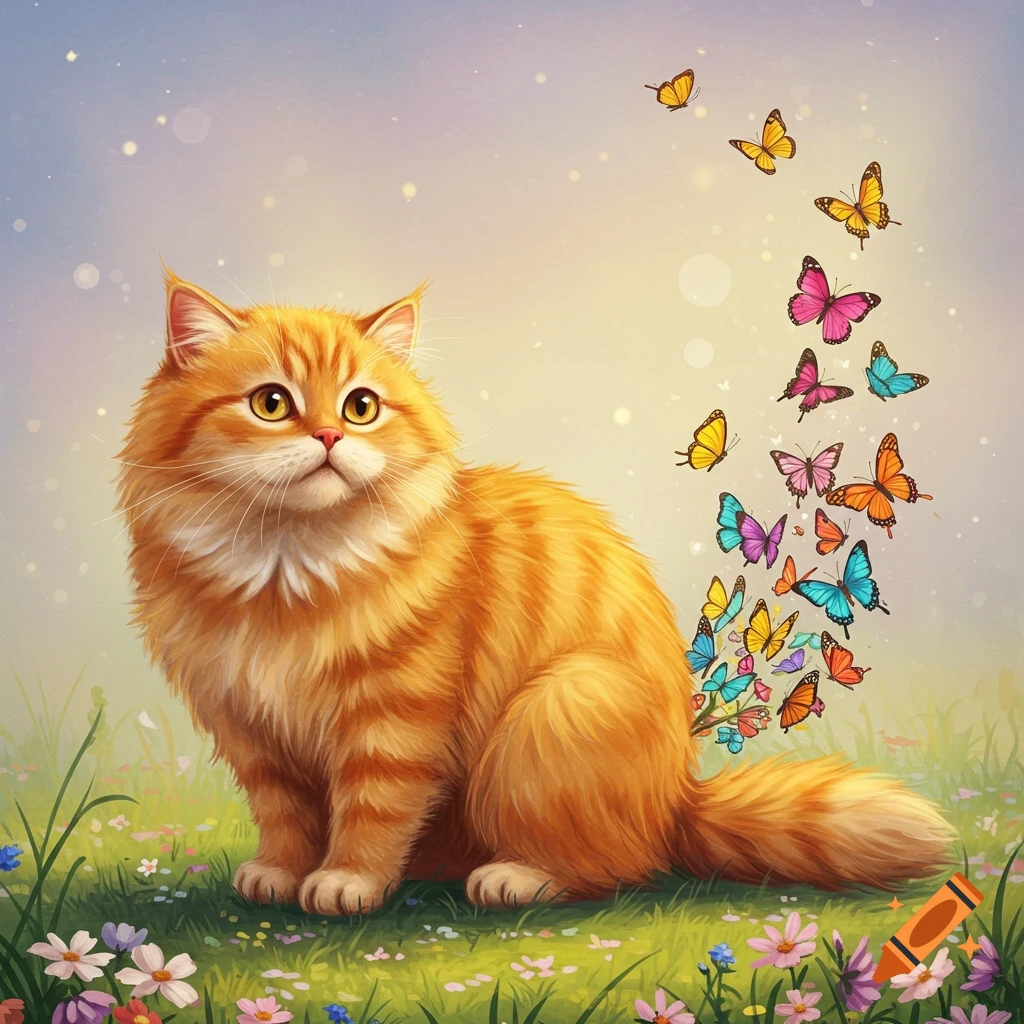 A fluffy orange cat sits in a field of flowers with colorful butterflies flying around it.