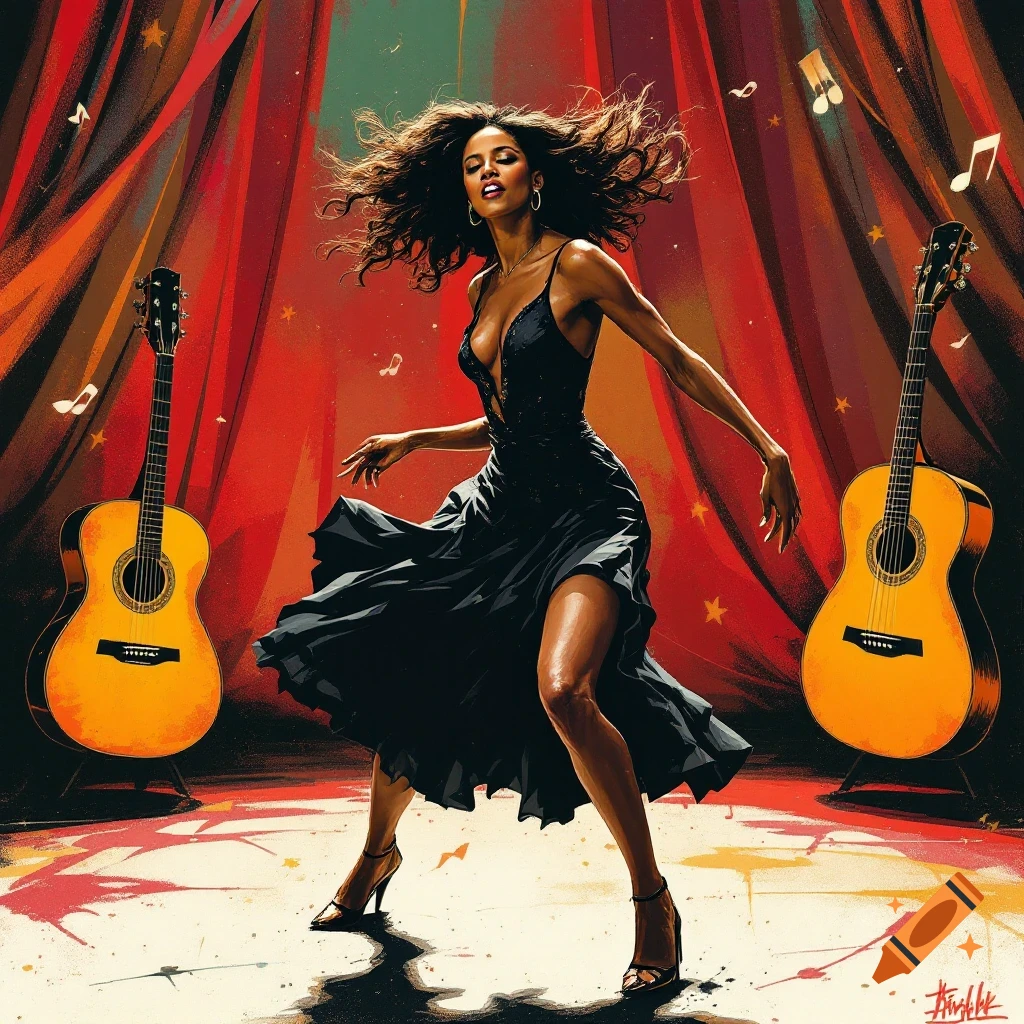 Woman dancing on stage with guitars, illustration