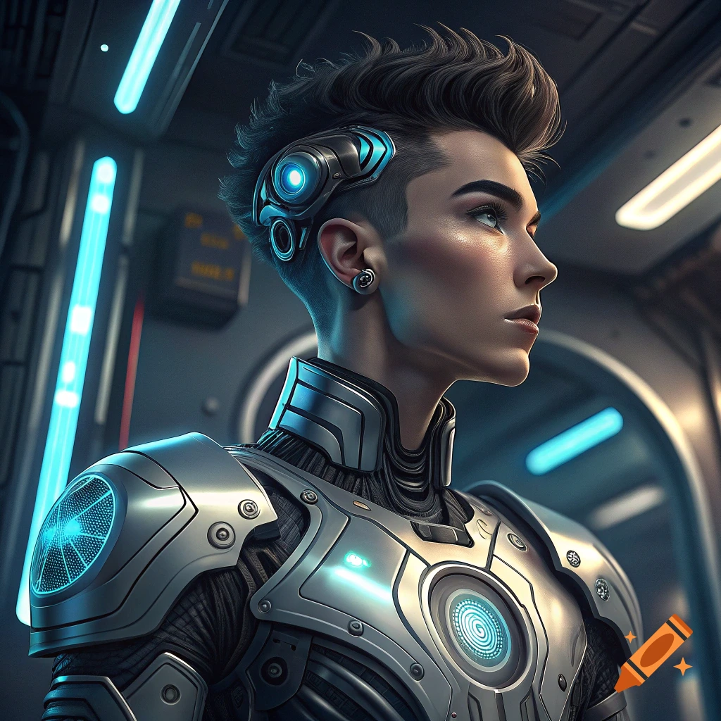 A futuristic portrait of a person with cybernetic implants and silver robot armor in a spaceship interior.