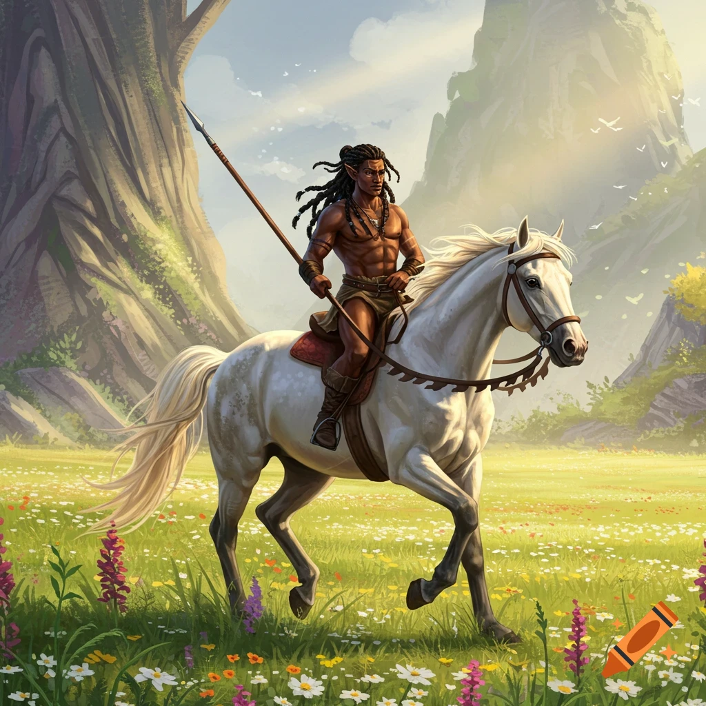 A fantasy rider on a white horse in a field of flowers.