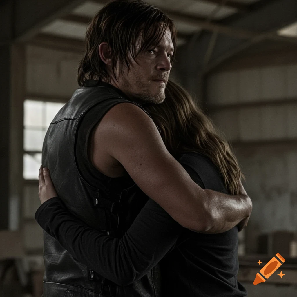 A man resembling Daryl Dixon hugs a woman with her back to the camera.
