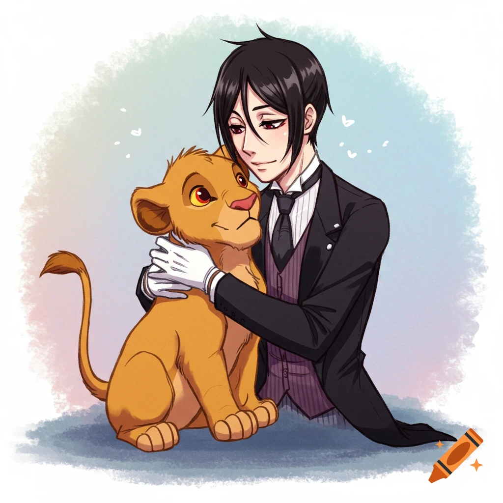 2D illustration of Sebastian from Black Butler hugging Cub Simba from The Lion King.