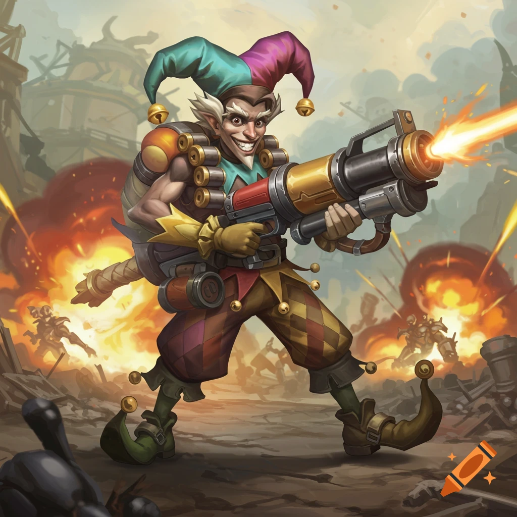 A maniacal jester character with a cannon-like weapon amidst explosions in a war-torn background.