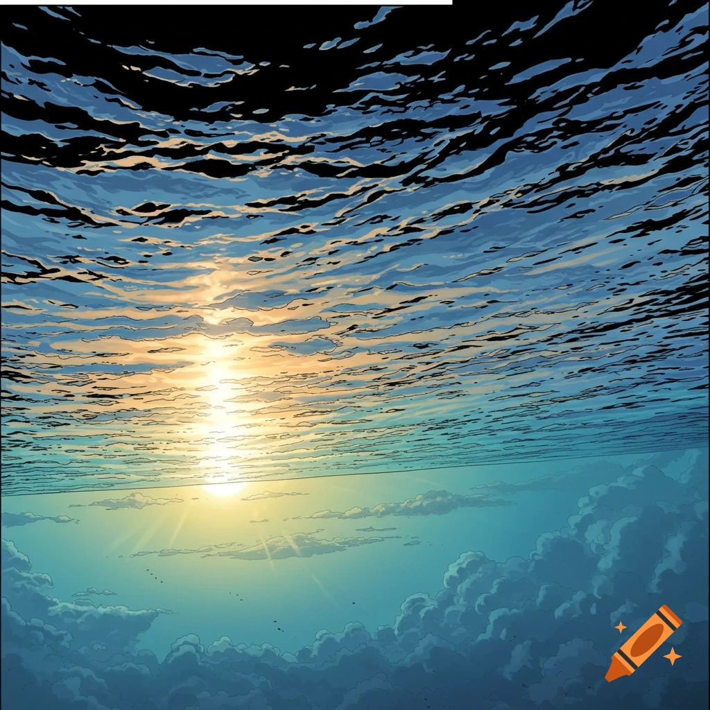 Comic art of water meeting sky with a low sun, seen from below.