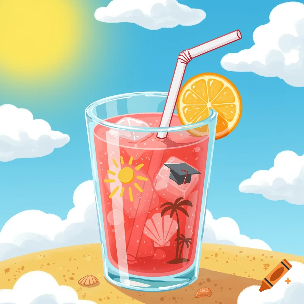 Cartoon summer drink with ice shaped like sun and graduation cap on a beach.