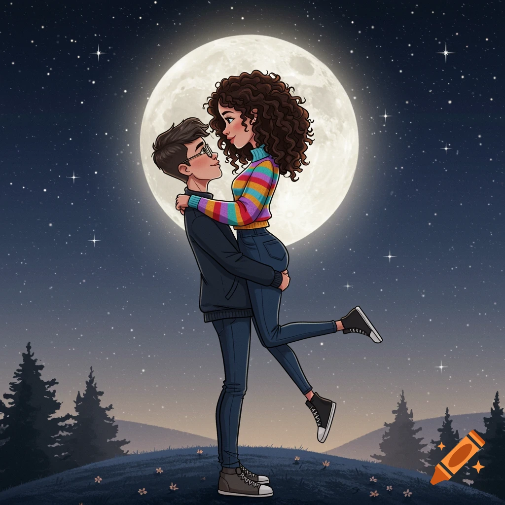 A boy lifts a girl under a big moon and starry sky. Cartoon style.
