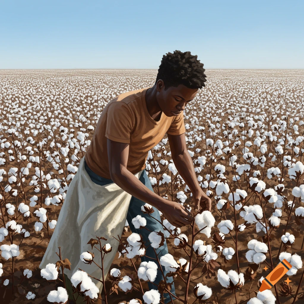 Person picking cotton in a field.