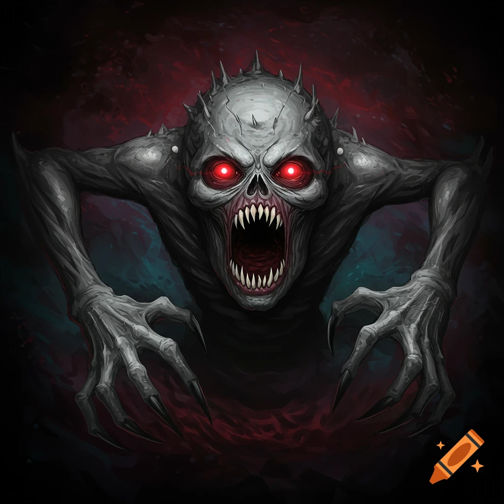 A scary grey monster with red eyes and sharp teeth reaches forward with claws.