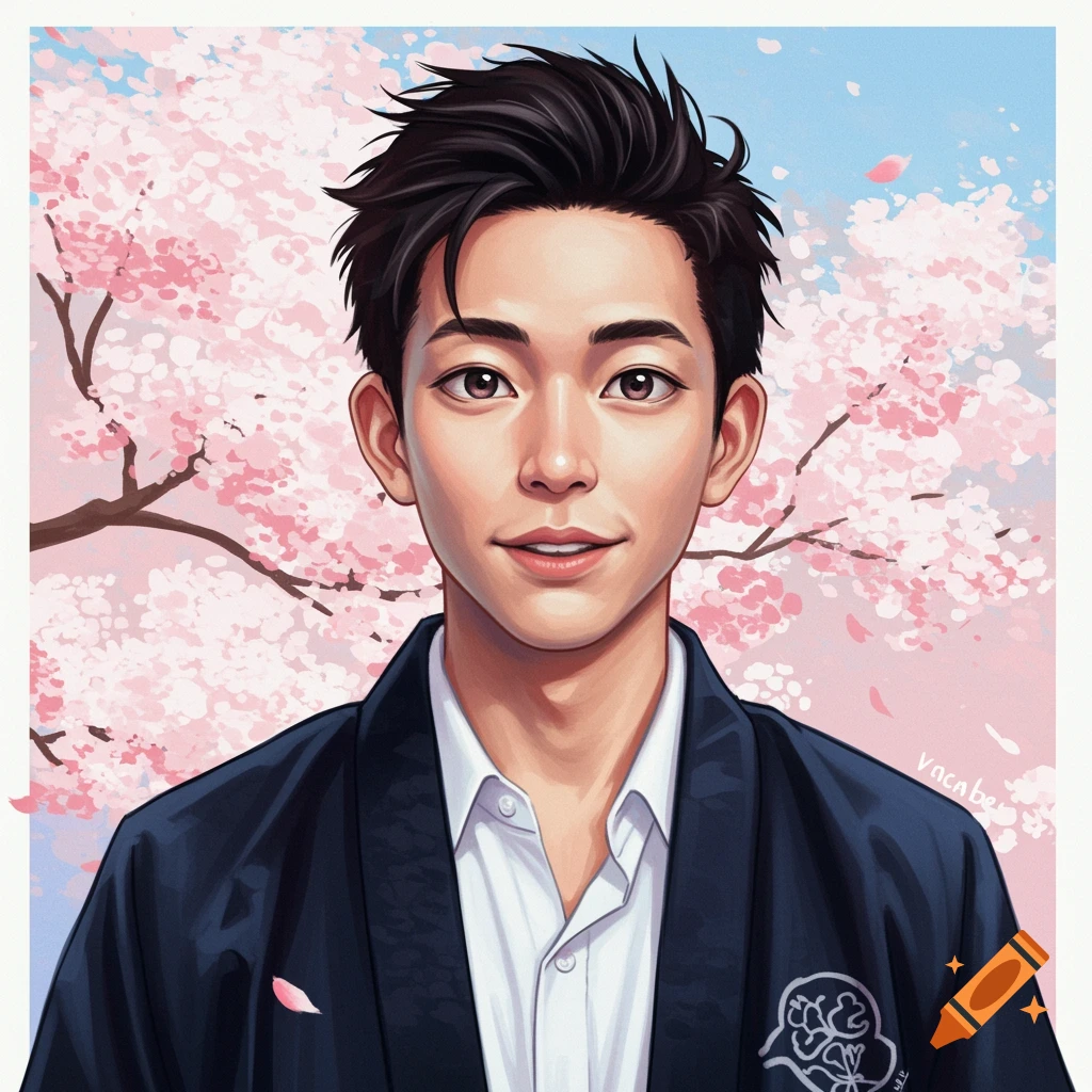 A young man in a Japanese haori jacket with cherry blossoms.