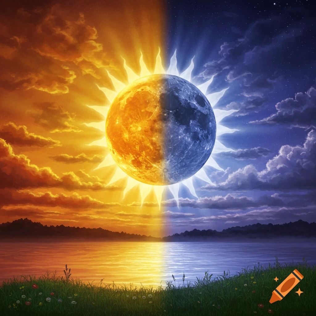 A celestial body split between sun and moon over a landscape divided into day and night.