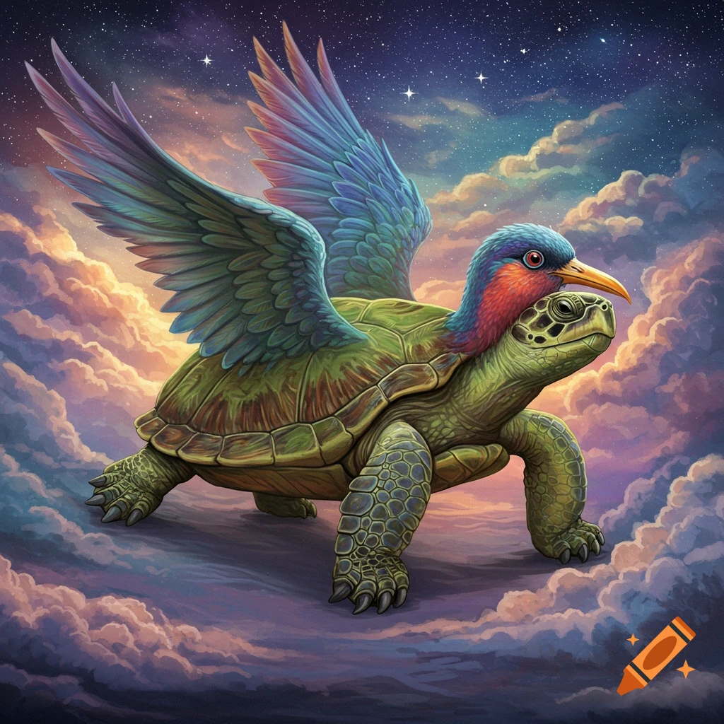 A fantasy turtle-bird creature flies through starry night clouds.
