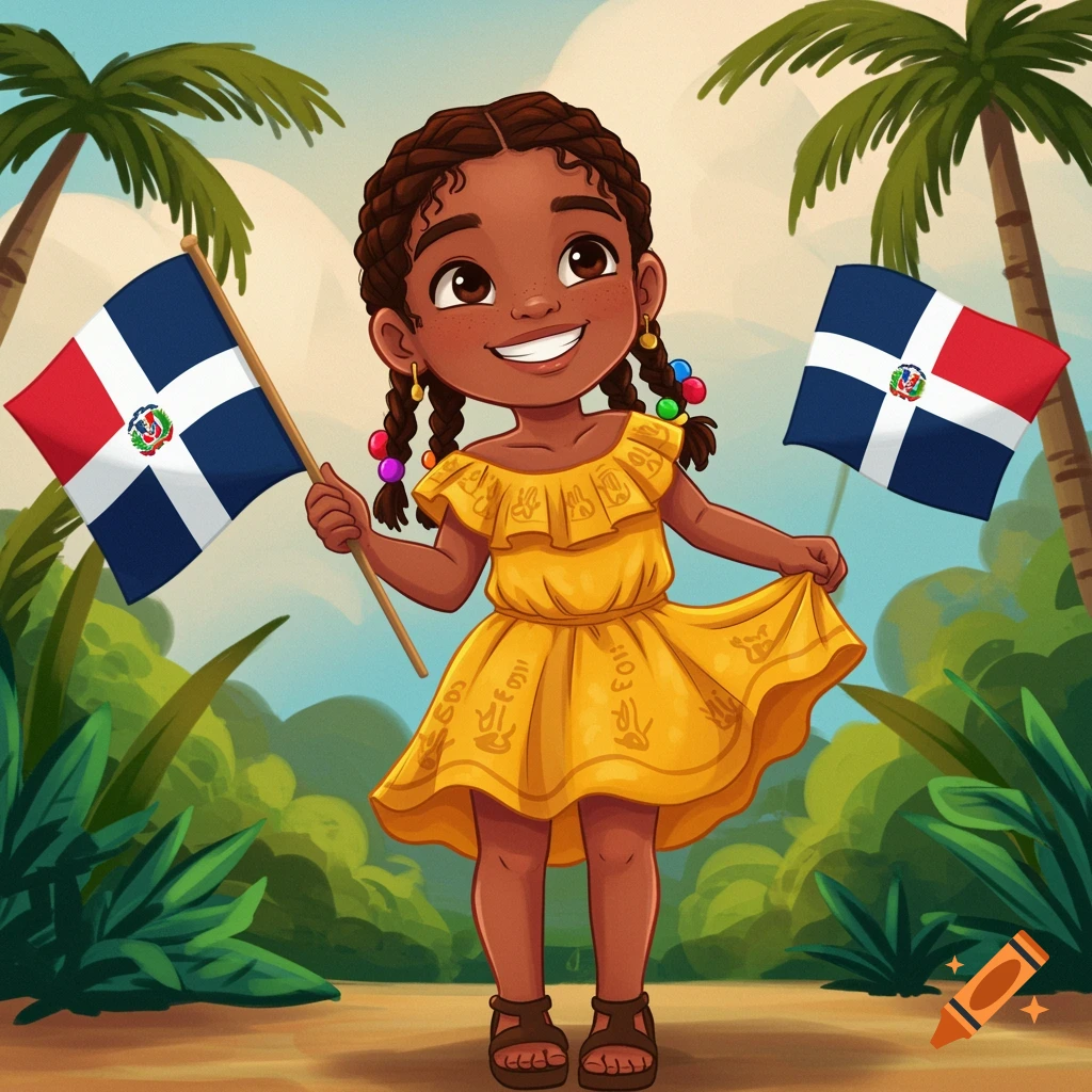 Digital illustration of a smiling girl in a yellow dress holding two Dominican Republic flags against a tropical background.