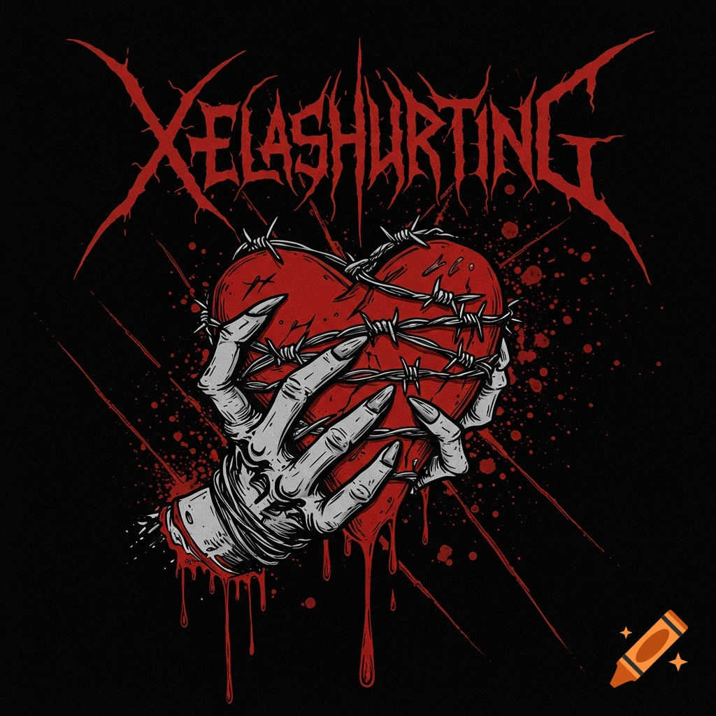 A dark metal logo with a skeletal hand holding a bleeding, barbed-wire heart. Text reads 'XELASHURTING'.