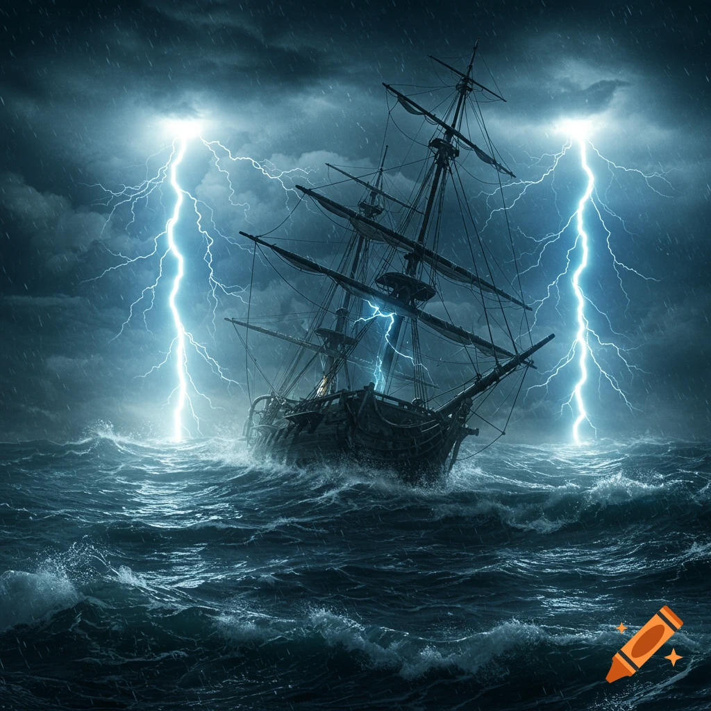 Tall ship in a stormy sea with lightning strikes