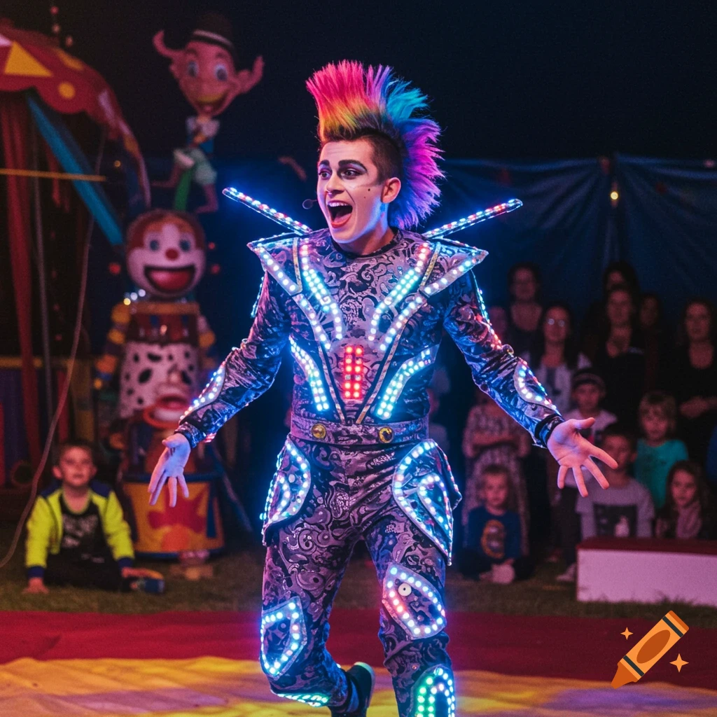 Performer with rainbow mohawk and LED suit in a circus tent at night.
