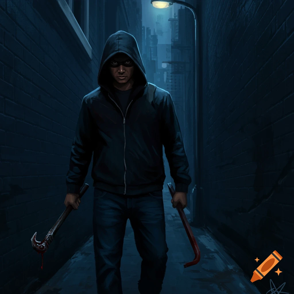 A hooded figure holds bloody crowbars in a dark urban alley.