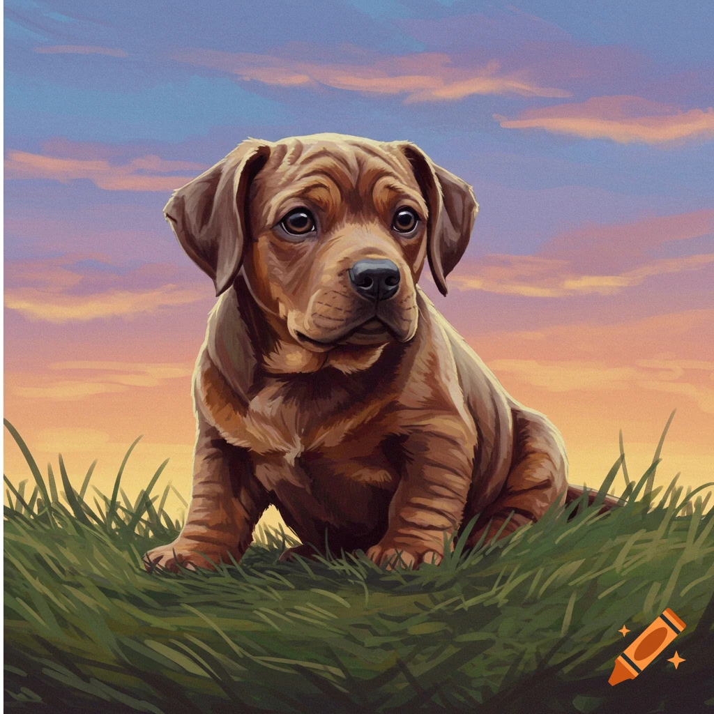 A brown puppy sits in grass at sunset.