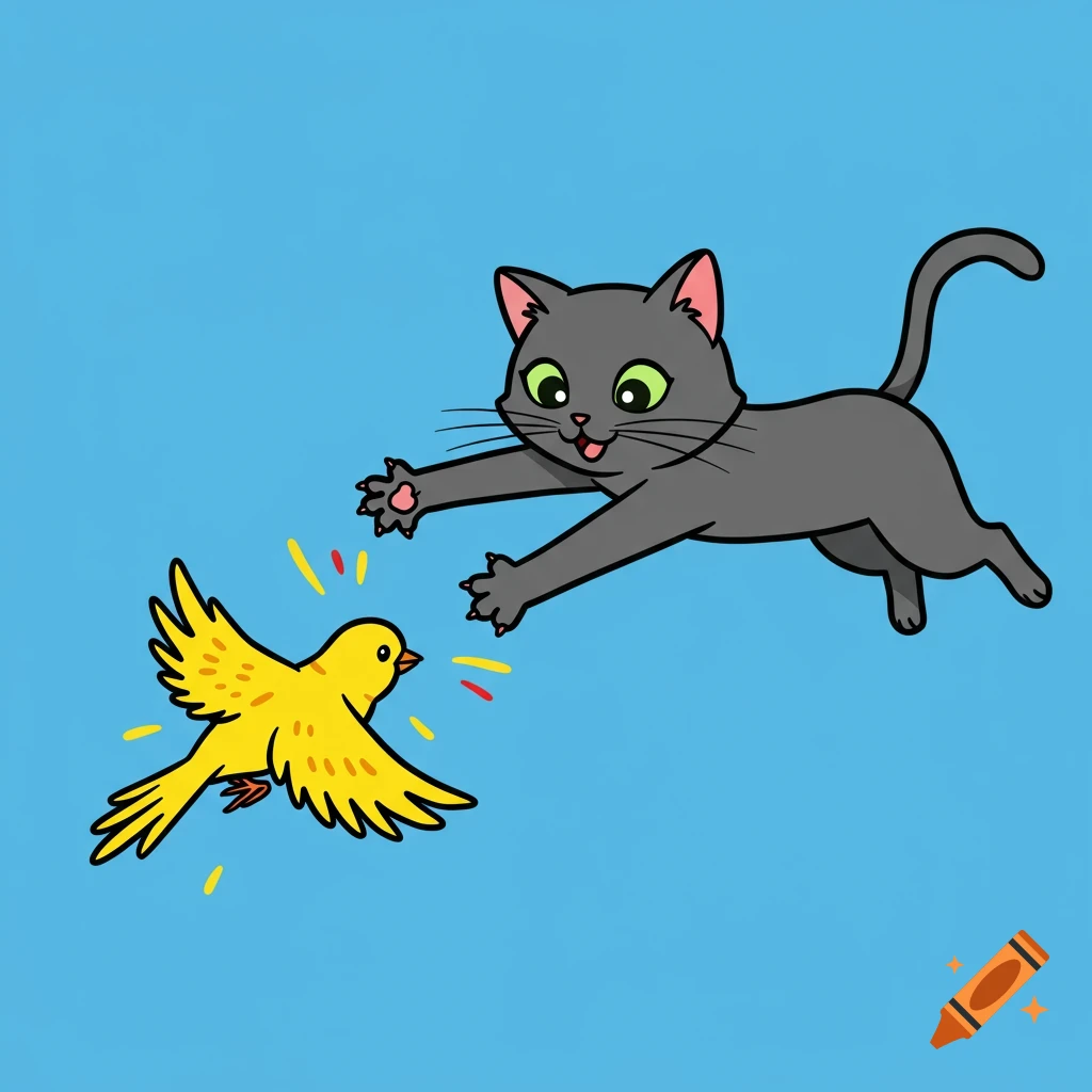Cartoon grey cat jumps at a yellow bird on a blue background