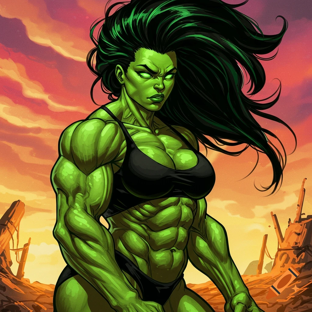 A very muscular green woman with long black hair in a sports bra in a desolate landscape.
