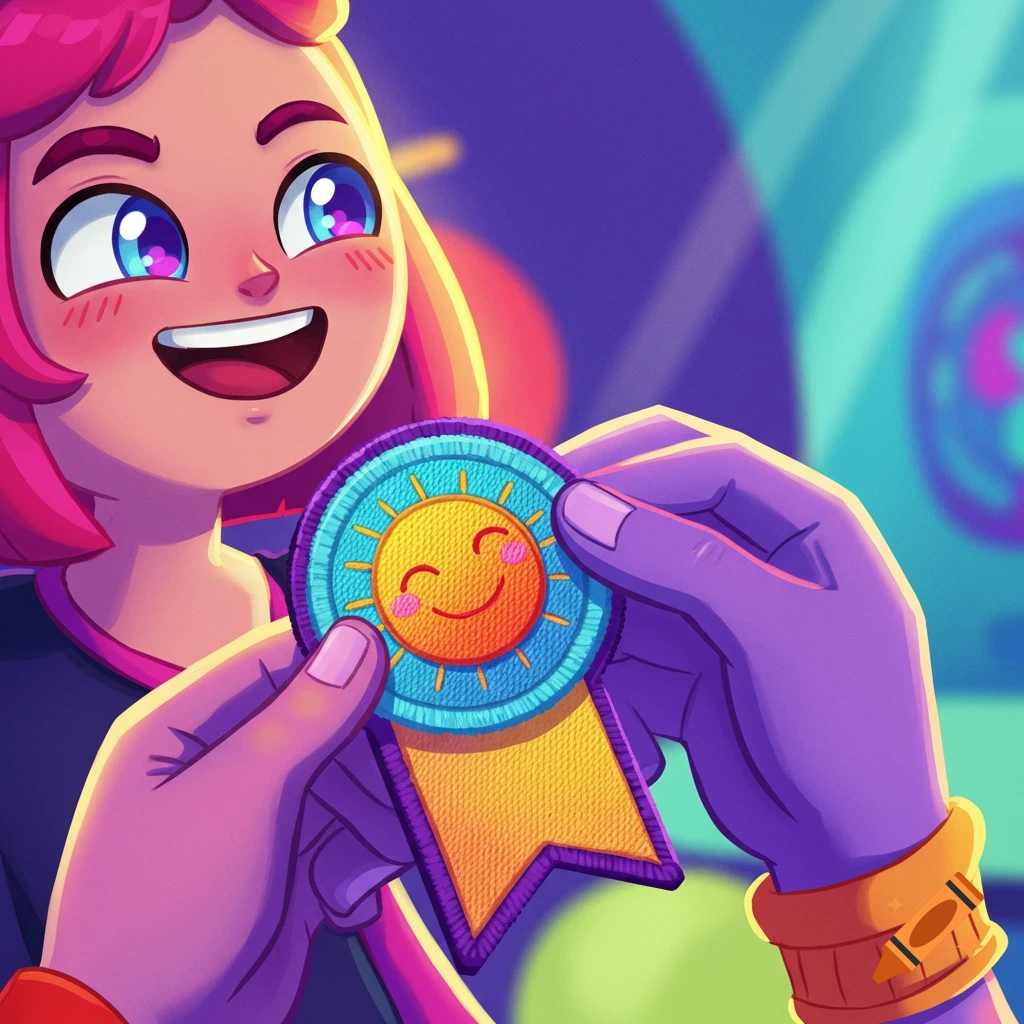 Cartoon girl smiling, receiving a patch with a smiling sun on it from two hands.
